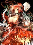  blood blood_on_face bloody_clothes bloody_dress bloody_tears breasts cleavage coin collarbone dark_persona dress flower hair_bobbles hair_ornament large_breasts looking_at_viewer no_bra onozuka_komachi red_dress red_eyes red_hair sash shigureru skeleton smile solo spider_lily tears touhou two_side_up 