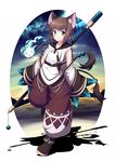  :3 animal_ears brown_hair cat_ears cat_tail earrings green_eyes hair_ornament highres holding jewelry knife looking_at_viewer multiple_tails original parted_lips revision short_hair silhouette staff tail ugume walking wide_sleeves 