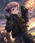  artist_request black_hair explosion fim-92_stinger gloves gun idolmaster idolmaster_million_live! kasuga_mirai makabe_mizuki military_operator mogami_shizuka multiple_girls official_art purple_hair rocket_launcher short_hair silver_hair weapon yellow_eyes 