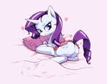  back_turned bedroom_eyes blue_eyes cutie_mark equine eyeshadow female friendship_is_magic fur hair hooves horn horse long_hair looking_at_viewer looking_back lying makeup mammal moyoosu my_little_pony nightgown on_bed pillow pony presenting purple_hair raised_tail rarity_(mlp) smile solo sweat unicorn white_fur 