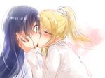  ayase_eli blonde_hair blue_hair blush brown_eyes closed_eyes hands_on_another's_cheeks hands_on_another's_face kiss long_hair long_sleeves love_live! love_live!_school_idol_project multiple_girls ponytail sakura_ai_ke sonoda_umi yuri 