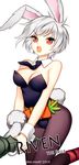  2014 animal_ears artist_name battle_bunny_riven breasts bunny_ears bunny_tail bunnysuit carrot character_name cleavage grey_hair league_of_legends looking_at_viewer medium_breasts opalheart open_mouth pantyhose red_eyes riven_(league_of_legends) short_hair simple_background solo sword tail weapon white_background 