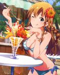  ;q aqua_eyes bikini blush bracelet braid breasts brown_hair cleavage flower food food_on_face hair_flower hair_ornament idolmaster idolmaster_million_live! jewelry kousaka_umi licking_lips long_hair looking_at_viewer medium_breasts official_art one_eye_closed parfait solo swimsuit tongue tongue_out 