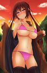  bikini black_legwear blush breasts brown_eyes brown_hair cloud fujimiya_yahiro heart heart-shaped_pupils jacket large_breasts long_hair navel open_clothes open_jacket original pink_bikini sky smile solo swimsuit symbol-shaped_pupils thighhighs twilight twintails very_long_hair 