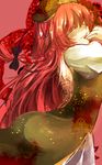  arched_back bad_id bad_pixiv_id bow braid china_dress chinese_clothes closed_eyes dress hair_bow hair_over_eyes hand_to_own_mouth highres hong_meiling long_hair looking_at_viewer looking_to_the_side nail_polish puffy_sleeves red_background red_hair red_nails simple_background solo sooru0720 touhou 