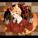  axis_powers_hetalia blonde_hair fang gloves hat inrice male_focus mini_hat mini_top_hat necktie open_mouth red_eyes ribbon romania_(hetalia) smile solo top_hat 