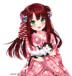  :d akiko_(akinomatsuri) blush brown_hair cat double_bun green_eyes hair_ornament japanese_clothes kanzashi kimono long_hair nail_polish natsumii_chan open_mouth original smile solo transparent_background tsumami_kanzashi 