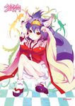  animal_ear_fluff animal_ears artist_name bad_id bad_pixiv_id bow checkered checkered_floor copyright_name fox_ears fox_tail hairband hatsuse_izuna japanese_clothes kimono looking_at_viewer no_game_no_life playback purple_hair short_hair sitting slit_pupils solo tail wide_sleeves yellow_eyes 