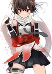  &gt;:) bangs black_gloves black_skirt blush brown_hair double-breasted gloves hair_ornament kantai_collection looking_at_viewer marisayaka necktie pleated_skirt remodel_(kantai_collection) scarf sendai_(kantai_collection) short_hair skirt smile solo thigh_strap v-shaped_eyebrows white_scarf 