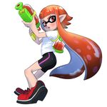  bike_shorts blush domino_mask highres ink_tank_(splatoon) inkling mask nukosann orange_eyes orange_hair pointy_ears shoes sneakers solo splatoon_(series) splatoon_1 splattershot_(splatoon) super_soaker tentacle_hair 