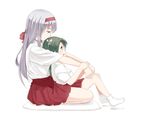  brown_eyes chocotto715 commentary_request cushion green_hair hair_ribbon headband holding_hands hug hug_from_behind japanese_clothes kantai_collection leaning_on_person long_hair multiple_girls on_lap pleated_skirt red_skirt ribbon seiza shoukaku_(kantai_collection) silver_hair sitting skirt socks twintails white_background white_legwear white_ribbon zuikaku_(kantai_collection) 