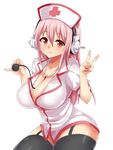  bad_id bad_pixiv_id black_legwear blush breasts cleavage hat headphones highres huge_breasts long_hair looking_at_viewer nitroplus nurse_cap pink_hair red_eyes shuuhei_(shoohey) smile solo stethoscope super_sonico thighhighs v 