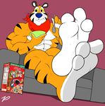 3_toes abs anthro ascot avian bandanna barefoot biceps big_muscles bird blue_nose bowl box cereal eating feline foot_fetish foot_focus froot_loops frosted_flakes fur hindpaw kellogg's male mammal manly mascot muscles nude paws pecs product_placement sitting sofa solo spoon tiger toes tony_the_tiger trademark tucan tucan_sam whiskers yellow_sclera zp92 