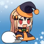  1girl :d abigail_williams_(fate/grand_order) alternate_costume bangs black_bow black_capelet black_dress black_hat blonde_hair blush_stickers bow capelet chibi dress eyebrows_visible_through_hair fate/grand_order fate_(series) full_body hair_bow hat holding holding_sack keyhole long_hair long_sleeves looking_at_viewer maximilian-destroyer meme open_mouth orange_bow padoru parted_bangs red_eyes sack santa_costume santa_hat sleeves_past_wrists smile snowflakes solo very_long_hair wide_sleeves 