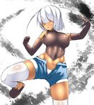  blush breasts dark_skin denim denim_shorts gloves hair_over_eyes jean_shorts navel open_fly ordures shorts souma_(ordures) sports_bra star thick_thighs thighhighs thighs tsuwabuki underwear unzipped white_hair wide_hips zettai_ryouiki 