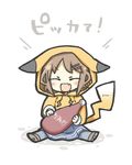  bad_id bad_pixiv_id blush_stickers brown_hair chibi closed_eyes cosplay fang gen_1_pokemon hair_ornament hairclip hood hoodie ikazuchi_(kantai_collection) kantai_collection ketchup open_mouth pikachu pikachu_(cosplay) pokemon short_hair sitting solo tail yuasan 