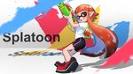  bike_shorts blush domino_mask highres ink_tank_(splatoon) inkling mask nukosann orange_eyes orange_hair paint_splatter pointy_ears shoes sneakers solo splatoon_(series) splatoon_1 splattershot_(splatoon) super_soaker tentacle_hair 