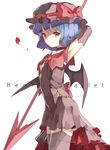  alternate_costume arm_behind_head armpits bat_wings blue_hair bow dress flower hat hat_bow hillly_(maiwetea) red_eyes remilia_scarlet ribbon rose short_hair simple_background sleeveless solo spear_the_gungnir thighhighs touhou white_background wings 