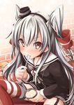  amatsukaze_(kantai_collection) blush eating food garter_straps highres ice_cream kantai_collection long_hair looking_at_viewer makimaru silver_hair solo spoon thighhighs 