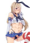  1boy abs androgynous blonde_hair blush crop_top crossdressing cum ejaculation elbow_gloves genderswap gloves green_eyes hair_over_one_eye handsfree_ejaculation hiuna_hayami kantai_collection long_hair looking_at_viewer male_focus midriff panties penis penis_in_panties shimakaze_(kantai_collection) simple_background skirt solo striped striped_legwear testicles thong trap unbuttoned uncensored underwear upskirt white_background 