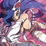  :d animal_ears attack big_hair blue_eyes blue_hair breasts cat_ears cat_tail claws felicia foreshortening long_hair medium_breasts open_mouth outstretched_arm purple_background scratching slit_pupils smile solo tail v-shaped_eyebrows vampire_(game) yazwo 