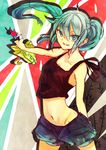  aqua_eyes aqua_hair bad_id bad_pixiv_id grin hatsune_miku long_hair midriff navel shorts smile solo tank_top twintails vocaloid yuuji_(yujikazakiri) 