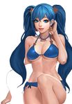  bad_id bad_pixiv_id bikini blue_bikini blue_eyes blue_hair blush breasts daeho_cha ear_ornament earrings hair_ornament highres jewelry large_breasts league_of_legends long_hair looking_at_viewer navel necklace open_mouth smile solo sona_buvelle star swimsuit tattoo twintails 