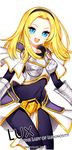  2014 armor artist_name blonde_hair blue_eyes character_name hairband league_of_legends looking_at_viewer luxanna_crownguard opalheart open_mouth pantyhose short_hair simple_background solo white_background 