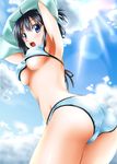  :o armpits ass bikini black_hair blue_eyes blue_sky breasts cloud day halterneck highres lens_flare light_rays looking_at_viewer looking_back medium_breasts open_mouth original sky solo sumeragi_tomo sunbeam sunlight swimsuit underboob undressing 