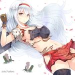  bad_id bad_pixiv_id breasts brown_eyes gloves hairband hakama_skirt kantai_collection large_breasts long_hair looking_at_viewer muneate navel petals shoukaku_(kantai_collection) solo sts torn_clothes twitter_username white_hair 