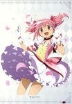  :d absurdres cherry_blossoms dress gloves hair_ribbon highres kaname_madoka magical_girl mahou_shoujo_madoka_magica mahou_shoujo_madoka_magica_movie official_art open_mouth petals pink_eyes pink_hair ribbon short_hair short_twintails smile solo sumimoto_etsuko twintails white_gloves 