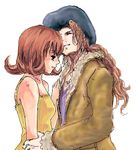  1boy 1girl anti-gravity_hair couple cowboy curled_hair final_fantasy final_fantasy_viii irvine_kinneas long_hair love lowres oekaki overall selphie_tilmitt simple_background western white_background 