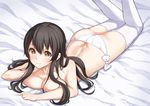  akagi_(kantai_collection) anza_tomo ass bad_id bad_pixiv_id breast_rest breasts brown_eyes brown_hair butt_crack highres kantai_collection large_breasts legs_up long_hair lying on_stomach panties side-tie_panties solo thighhighs topless underwear white_legwear 