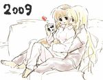  2girls blonde_hair brown_hair cuddle cuddling cup fate_testarossa happy heart hug hug_from_behind looking_at_another lyrical_nanoha mahou_senki_lyrical_nanoha_force mahou_shoujo_lyrical_nanoha mahou_shoujo_lyrical_nanoha_strikers mahou_shoujo_lyrical_nanoha_vivid mug multiple_girls pajamas smile takamachi_nanoha tokoharu yuri 