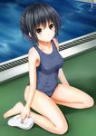  bangs bare_arms bare_shoulders barefoot black_hair brown_eyes collarbone dutch_angle full_body hair_between_eyes huyumitsu looking_at_viewer one-piece_swimsuit original pool poolside school_swimsuit short_hair sitting solo swimsuit wariza 