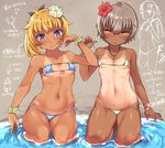  bikini bikini_tan blonde_hair blue_eyes blush breasts commentary flower grey_hair hair_flower hair_ornament hibiscus imazon micro_bikini multiple_girls navel one-piece_tan orange_eyes original ponytail short_hair small_breasts smile sweat swimsuit tan tanline translation_request wading water 