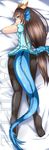  black_legwear blue_dress blue_eyes blush boots_removed brown_hair china_dress chinese_clothes dakimakura dragon_girl dragon_horns dragon_tail dress head_fins horns karin_(p&amp;d) long_hair looking_at_viewer looking_back low-tied_long_hair lying no_shoes on_stomach pantyhose puzzle_&amp;_dragons sample scales shoes_removed short_sleeves smile solo tail text_focus zuo_wei_er 