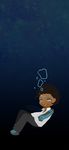 blue_eyes brown_hair bubble chibi dark_skin dark_skinned_male facial_mark forehead_mark highres male_focus mechanical_arm misima1029 no_outlines open_mouth prosthesis prosthetic_arm prosthetic_leg scp_foundation solo submerged underwater 