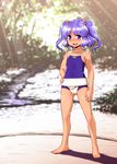 competition_swimsuit forest fundoshi hair_bobbles hair_ornament highres itou_yuuji japanese_clothes kawashiro_nitori nature one-piece_swimsuit open_mouth purple_eyes purple_hair smile solo standing swimsuit touhou two_side_up 