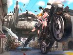  black_hair black_legwear blonde_hair fleeing gloves ground_vehicle hair_ribbon hug hug_from_behind kfr kneehighs long_hair looking_back mecha motor_vehicle motorcycle multiple_girls multiple_riders open_mouth original red_eyes revision ribbon school_uniform science_fiction serafuku tears twintails wheelie 