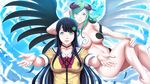  2girls black_hair blue_eyes breasts demon feathers flying game_cg green_hair highres horns large_breasts legs long_hair looking_at_viewer multiple_girls p/a:_potential_ability school_uniform sei_shoujo simple_background smile standing takajyou_yuna thighs wings 