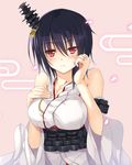  bare_shoulders black_hair breasts cleavage detached_sleeves hair_ornament hand_on_own_chest hinot japanese_clothes jewelry kantai_collection large_breasts looking_at_viewer nontraditional_miko red_eyes ring short_hair solo upper_body yamashiro_(kantai_collection) 