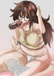  bottle bow breasts brown_eyes brown_hair drinking fate/extra fate/extra_ccc fate_(series) fundoshi glasses hair_bow japanese_clothes jinako_carigiri large_breasts long_hair navel plump solo yohane 