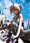  anchor brown_hair chain finger_to_mouth gloves green_eyes hairband kantai_collection looking_at_viewer machinery mocha_(snowflake) mutsu_(kantai_collection) one_eye_closed short_hair shushing smile solo turret 