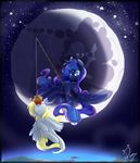  blonde_hair blue_hair cutie_mark derpy_hooves_(mlp) duo equine female feral fishing_rod friendship_is_magic fur grey_fur hair horn horse long_hair mammal mare_in_the_moon moon my_little_pony pegasus pomnoi pony princess_luna_(mlp) winged_unicorn wings 