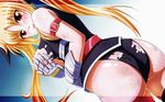  ass blonde_hair breasts covering covering_breasts fate_testarossa gauntlets highres large_breasts long_hair lyrical_nanoha mahou_shoujo_lyrical_nanoha_strikers red_eyes revision solo tappa_(esperanza) torn_clothes very_long_hair 