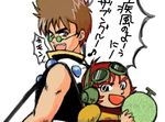  2boys black_eyes brown_hair crossover glasses goggles jiron_amos lowres macross macross_7 multiple_boys nekki_basara no_pupils sentou_mecha_xabungle singing 