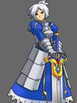  armor armored_dress artoria_pendragon_(all) brown_eyes cosplay dress excalibur fate/stay_night fate_(series) folded_ponytail frown gauntlets grey_background league_of_legends mr_kunimitsu riven_(league_of_legends) saber saber_(cosplay) short_hair silver_hair simple_background solo 
