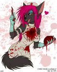  arm_band blood brown_eyes canine clothed clothing dark_fur ear_piercing eyeshadow female gloves gore hair long_hair makeup mammal nim-nim nurse nurse_costume nurse_uniform open_mouth piercing pink_hair rubber smile solo wolf 