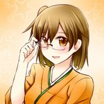  bespectacled brown_eyes brown_hair glasses hiryuu_(kantai_collection) japanese_clothes kantai_collection long_sleeves one_side_up open_mouth rui_shi_(rayze_ray) short_hair smile solo wide_sleeves 